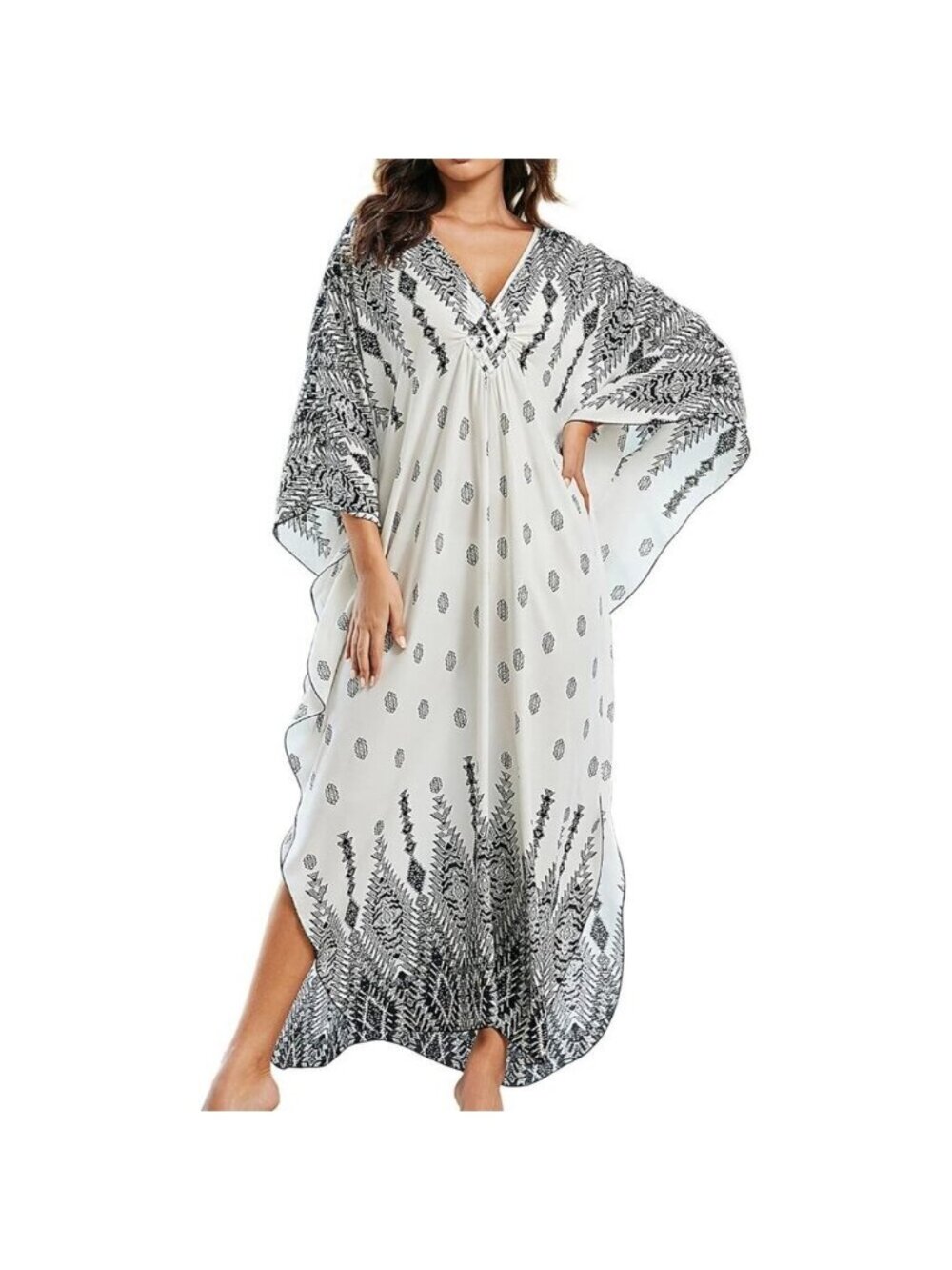 Womens White Black Placement V-neck Sleeve Flowy Split Hem Bohemian Kaftan Dress